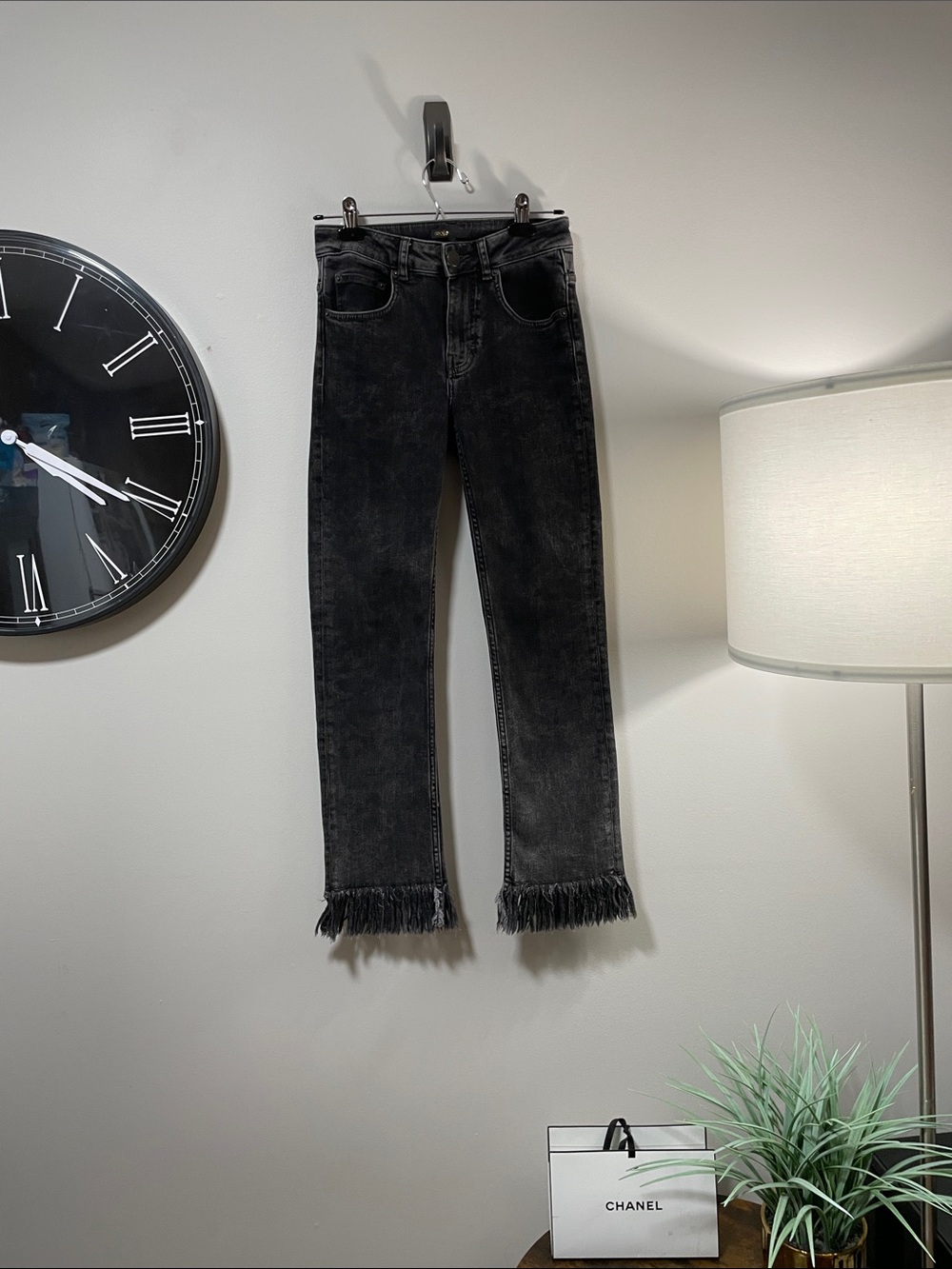 Maje Panakou Fringe Trimmed high rise slim-Leg jeans in Black faded acid wash